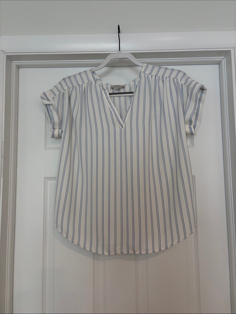 LOFT White Blouse with Blue Pinstripes V-Neck